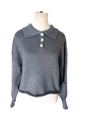 Lulus Blue Knit Collared Cropped Sweater Top With Button Detail - Size Small